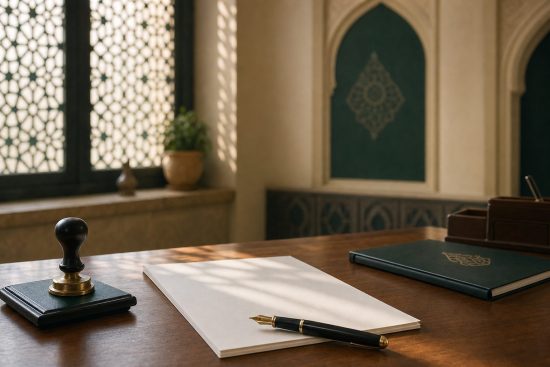 Bureau d'une mosquée avec un document et un tampon, illustrant la délivrance d'un certificat de conversion à l'islam