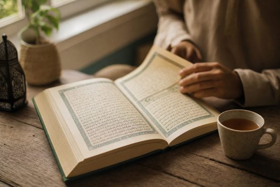 Coran ouvert sur une table en bois, symbole du cheminement d'une conversion à l'islam avant le mariage