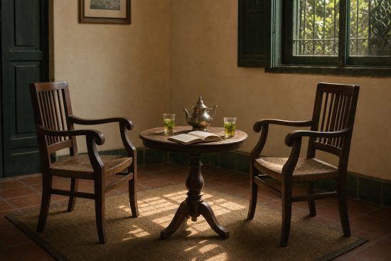 Deux chaises face à face autour d'une table à thé, évoquant le dialogue familial autour du mariage mixte en islam