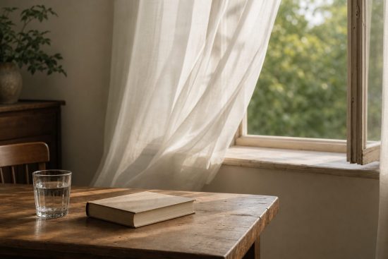 Intérieur paisible baigné de lumière naturelle, évoquant le temps qui passe dans la vie conjugale