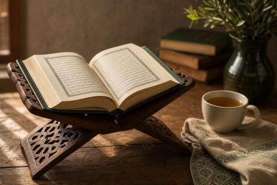 Ouvrage ouvert sur un porte-livre en bois, évoquant les versets et hadiths sur le mariage en islam