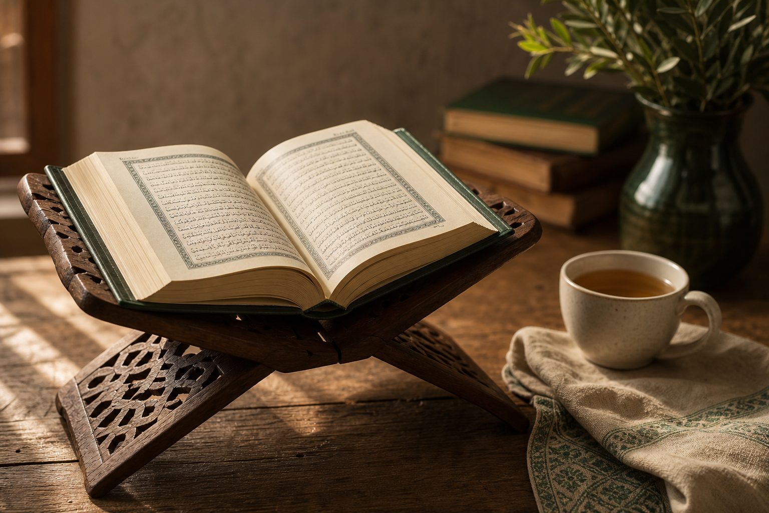 Ouvrage ouvert sur un porte-livre en bois, évoquant les versets et hadiths sur le mariage en islam